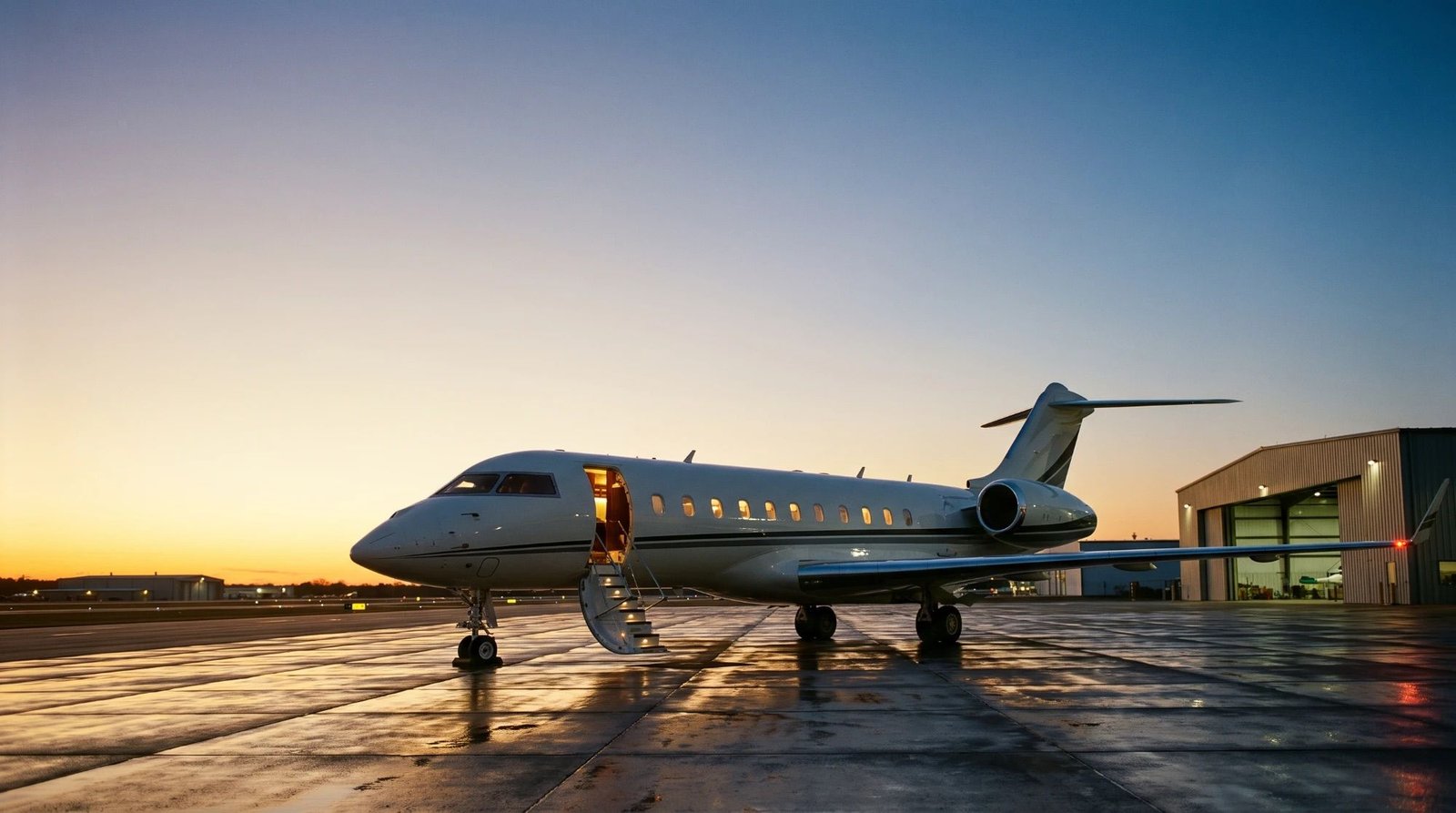 A frame from an AI commercial: a white private jet parked on wet tarmac at dusk, cabin door open and stairs lit