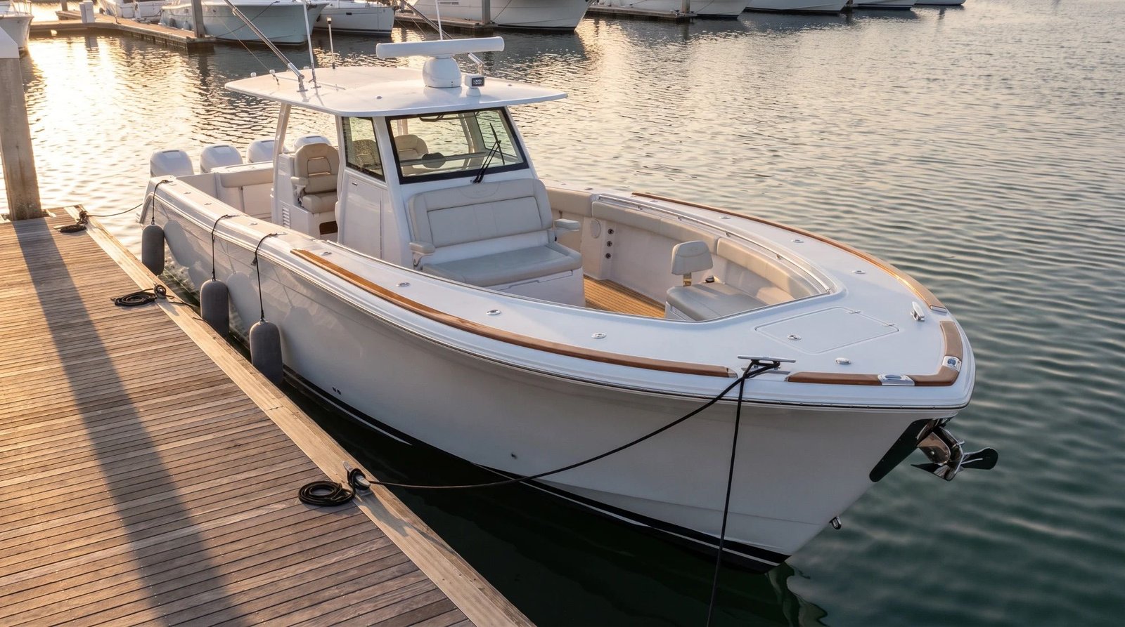 A frame from an AI commercial: a white center-console boat tied up at a wooden dock in a calm marina at golden hour
